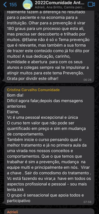 Depoimento de Cristina Carvalho: mudança de comportamento e visão profissional mais voltada à prevenção graças ao curso e ao suporte do grupo