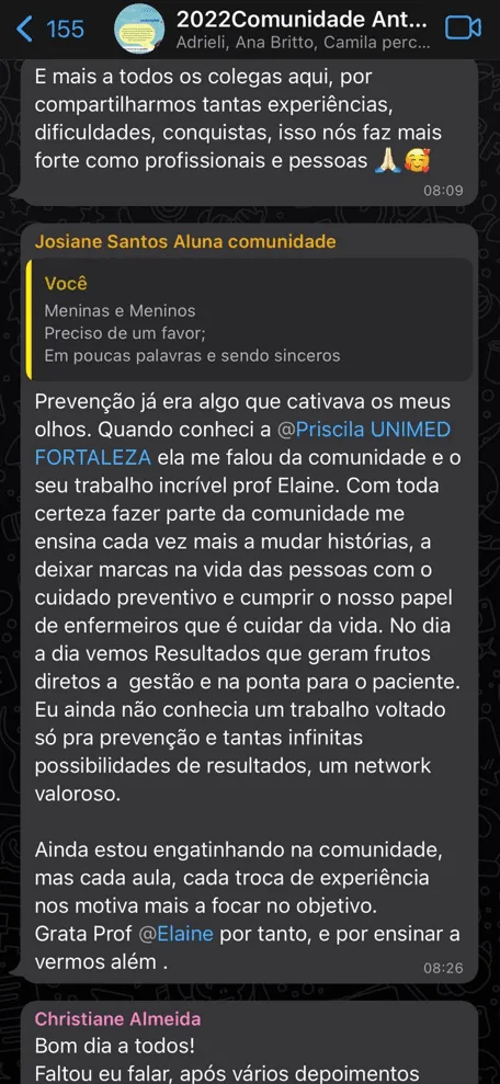 Depoimento de Josiane: comunidade ampliou sua visão sobre prevenção, gerou resultados e a motivou pelas aulas e trocas de experiências