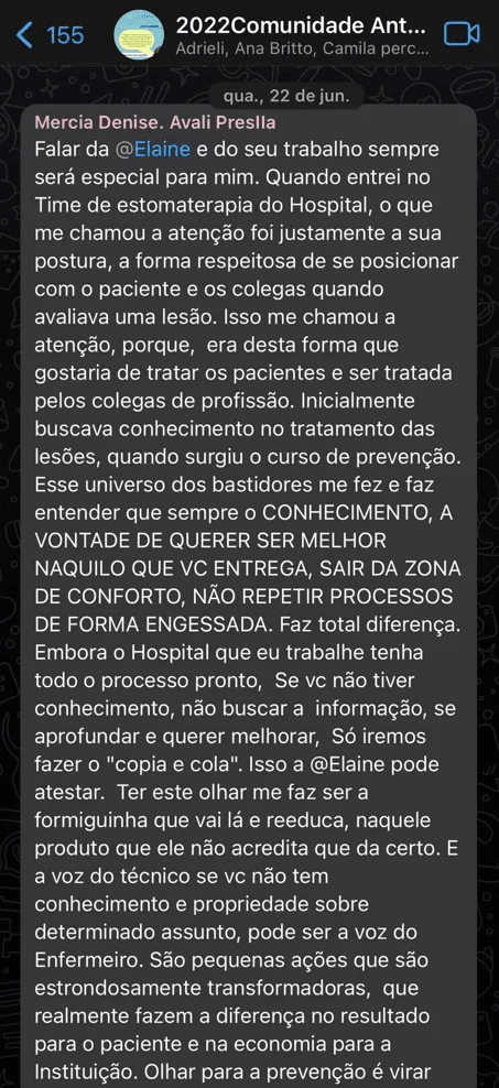 Depoimento de Mércia Denise: Elaine inspira atuação respeitosa, baseada em conhecimento e prevenção, com impacto positivo para pacientes e para a instituição