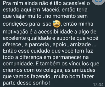 Print de WhatsApp: aluna elogia a acessibilidade, qualidade, suporte e os vínculos criados na Comunidade Antilesões