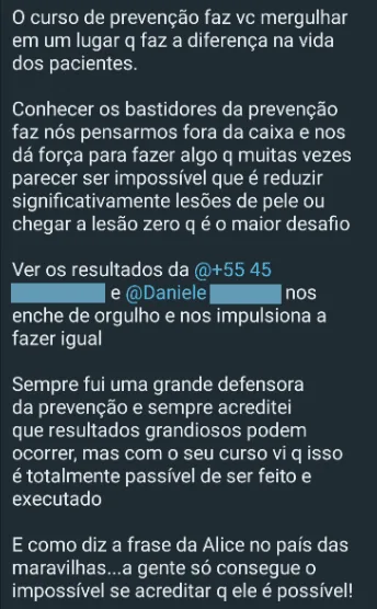 Print de WhatsApp: aluna elogia o curso por aprofundar conhecimentos em prevenção e mostrar que é possível alcançar a lesão zero