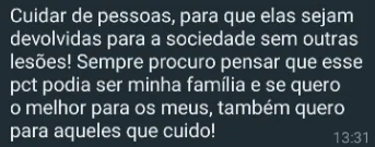 Print de WhatsApp: aluna destaca o cuidado com pacientes com a mesma dedicação que teria com a própria família